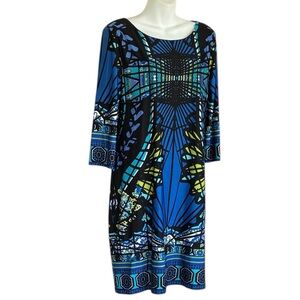 RONNI NICOLE Bold Blue Geometric Print Women's Dress, Relaxed Fit, 3/4 Sleeve 10